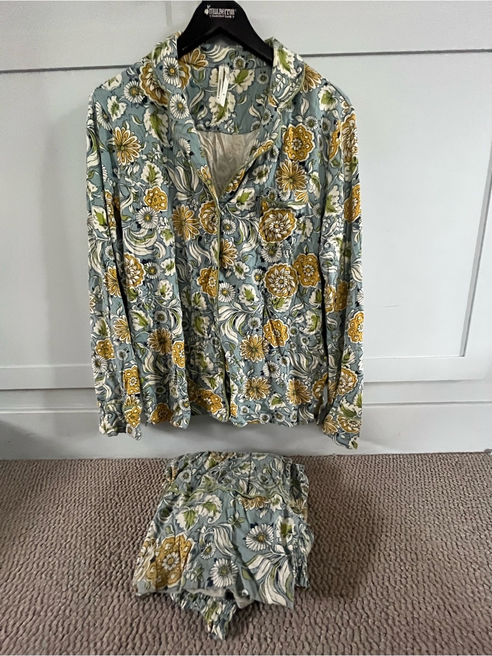Anthropologie Floral Pajama Set in Sage and Mustard